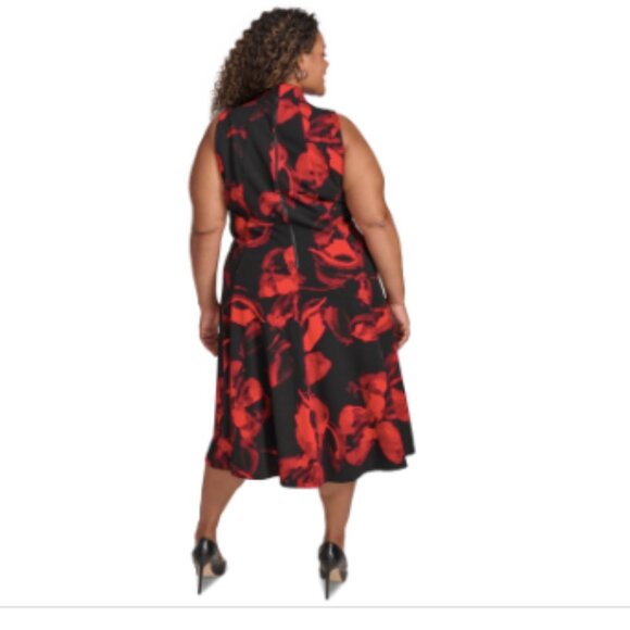 Calvin Klein Plus Size Printed Split-Neck Sleeveless Dress - Black Red - Picture 2 of 4